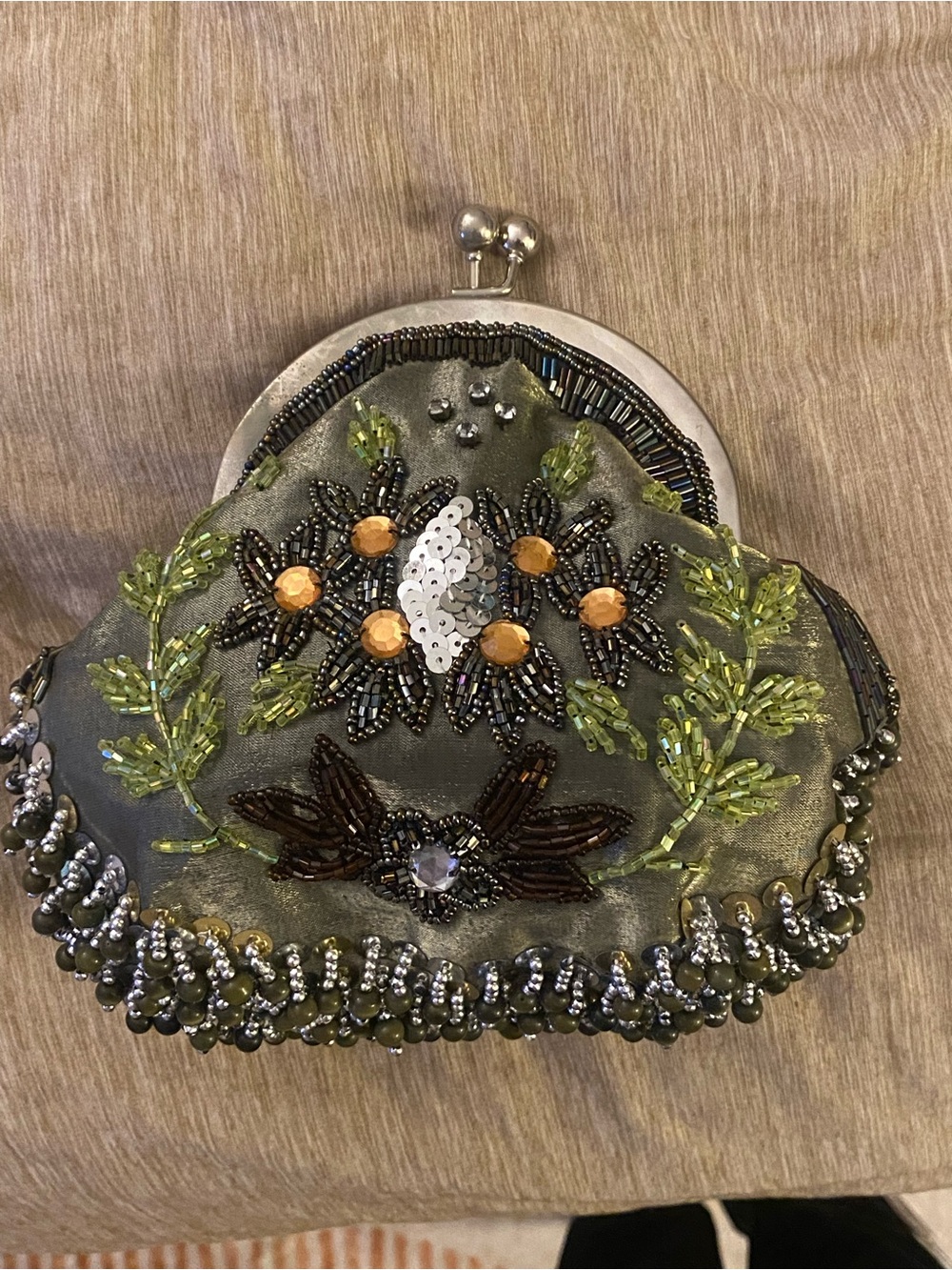 Vintage Beaded Floral Kisslock Evening Bag Olive Green | 2 chains